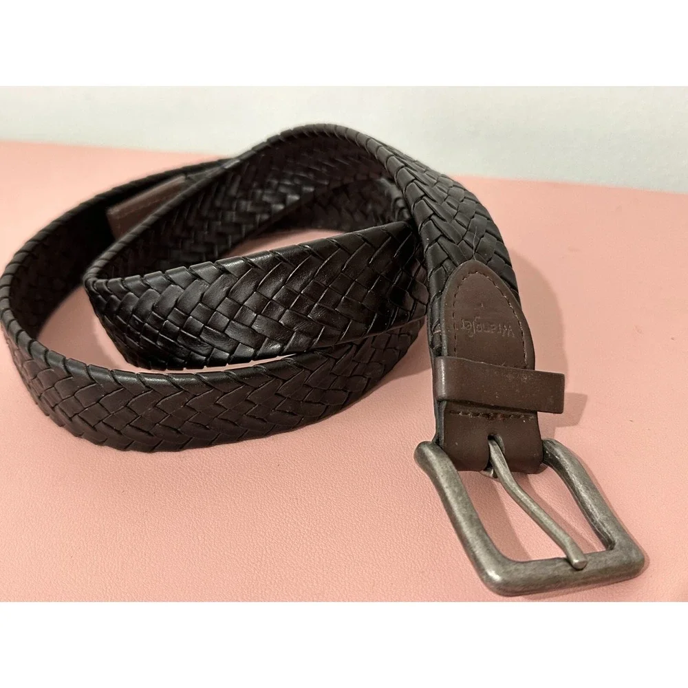 Wrangler Woven Leather Belt Black Brown Mens Adjustable 48
